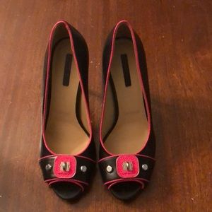 Longchamp Black Peep Toe Pumps w/ Hot Pink Trim